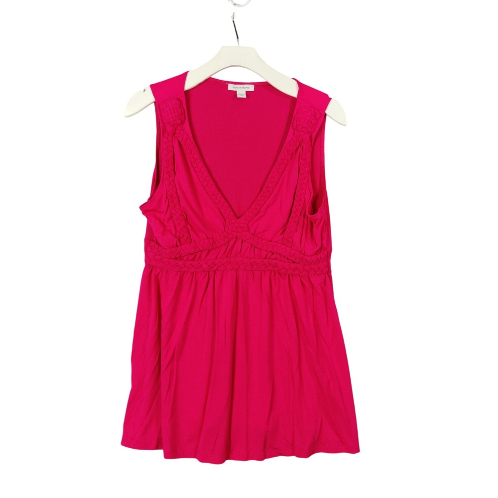Boston Proper Bamboo Empire Tank Top Braided V-Neck Casual Hot Pink Women Size L